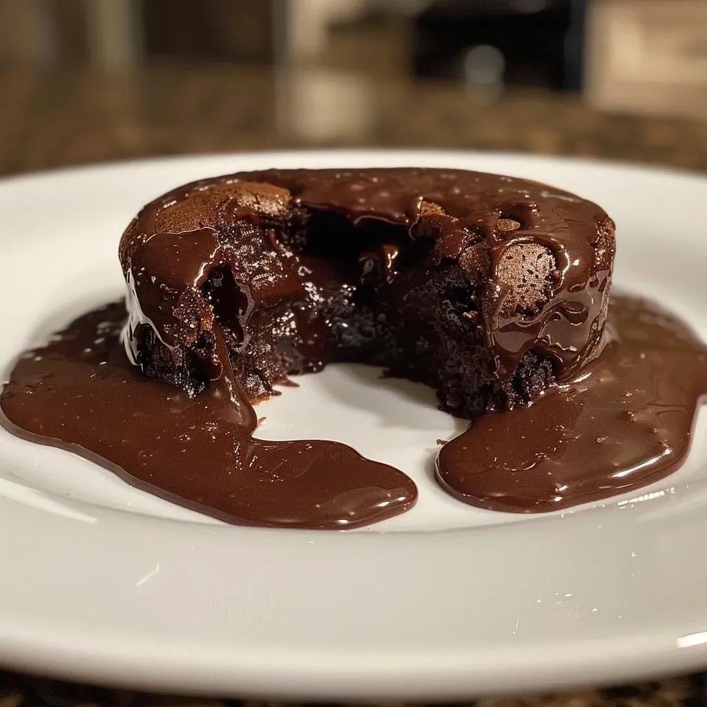 Side view of a rich chocolate lava cake, showcasing its gooey interior and crispy exterior.
