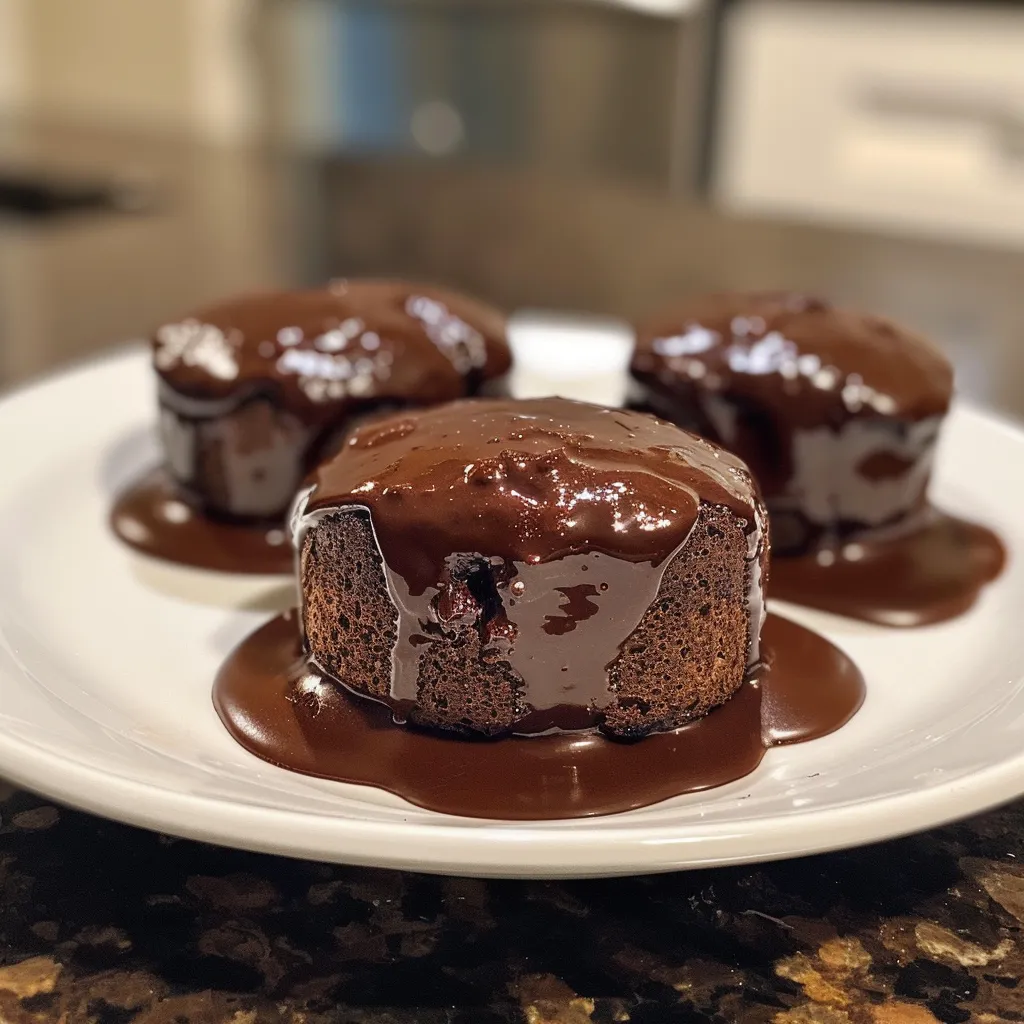 Close-up of a rich chocolate lava cake with a gooey chocolate center.