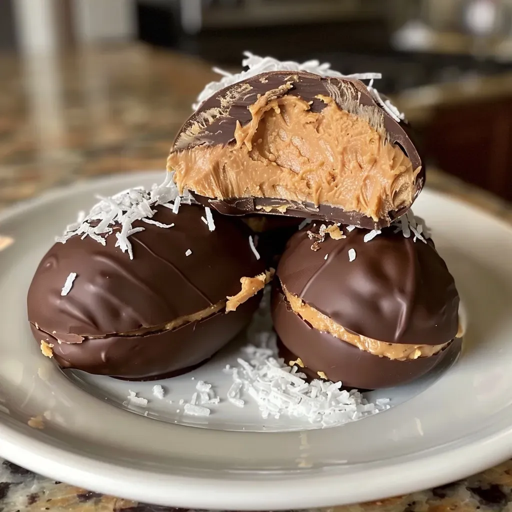 Side view of a chocolate peanut butter egg, showcasing its texture and layers.