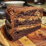 Side view of a moist Chocolate Peanut Butter Swirl Cake with a marbled design.