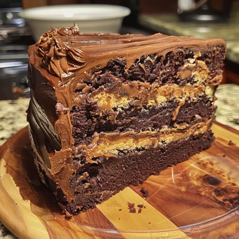 Side view of a moist Chocolate Peanut Butter Swirl Cake with a marbled design.