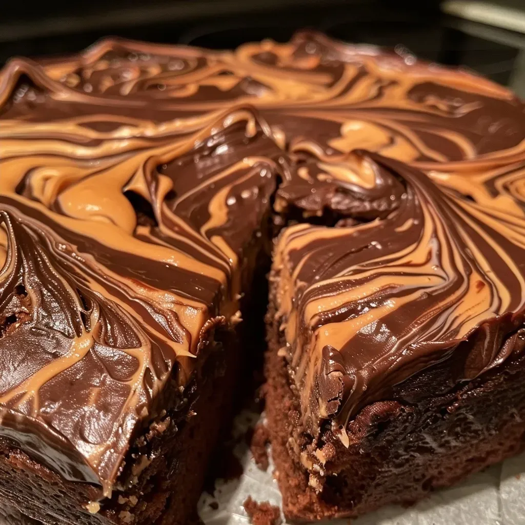 Close-up of a slice of Chocolate Peanut Butter Swirl Cake showcasing its rich layers.