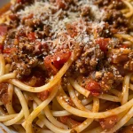 A close-up shot of a plate of spaghetti bolognese garnished with cheese.