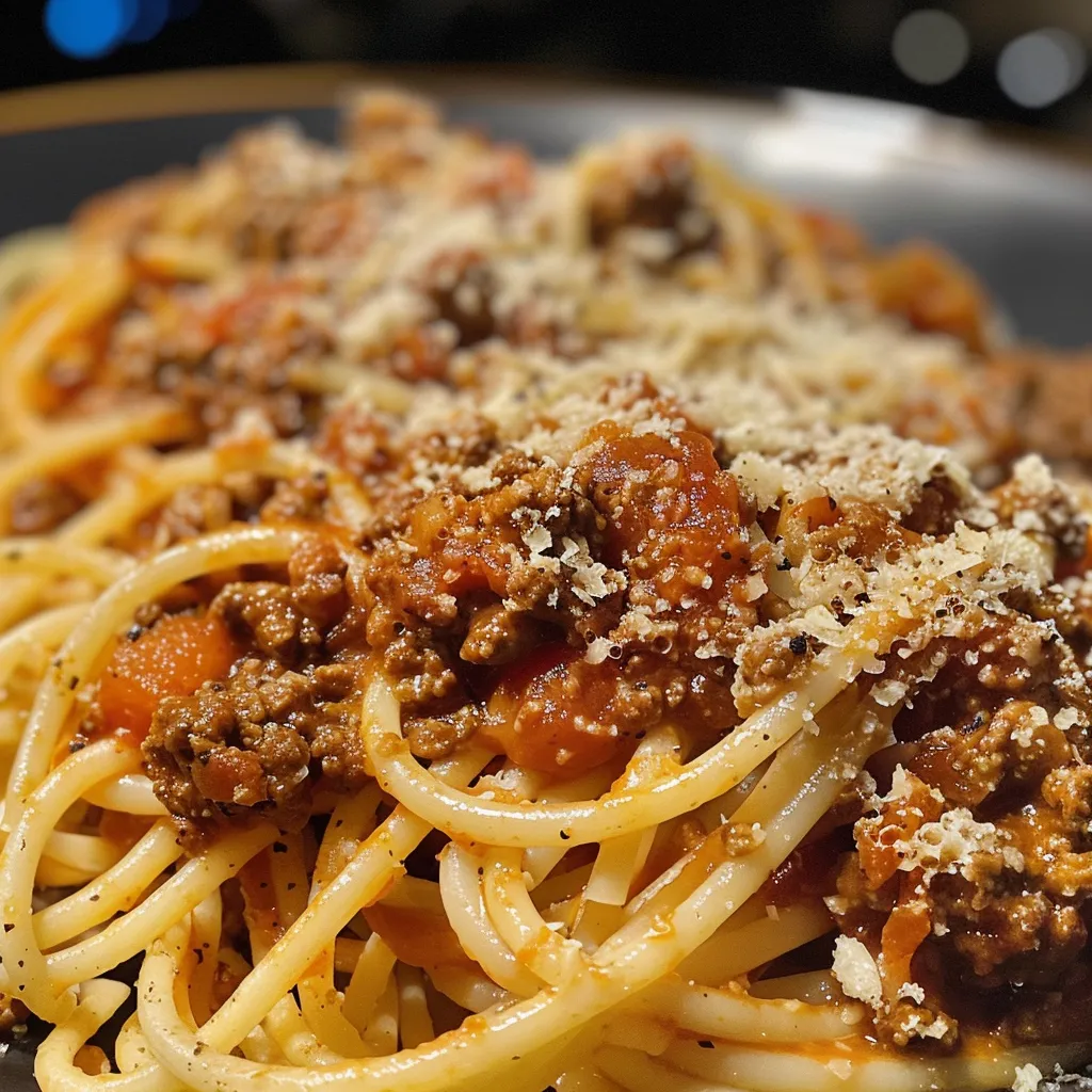 Side view of a bowl of spaghetti bolognese featuring ground beef and crushed tomatoes.