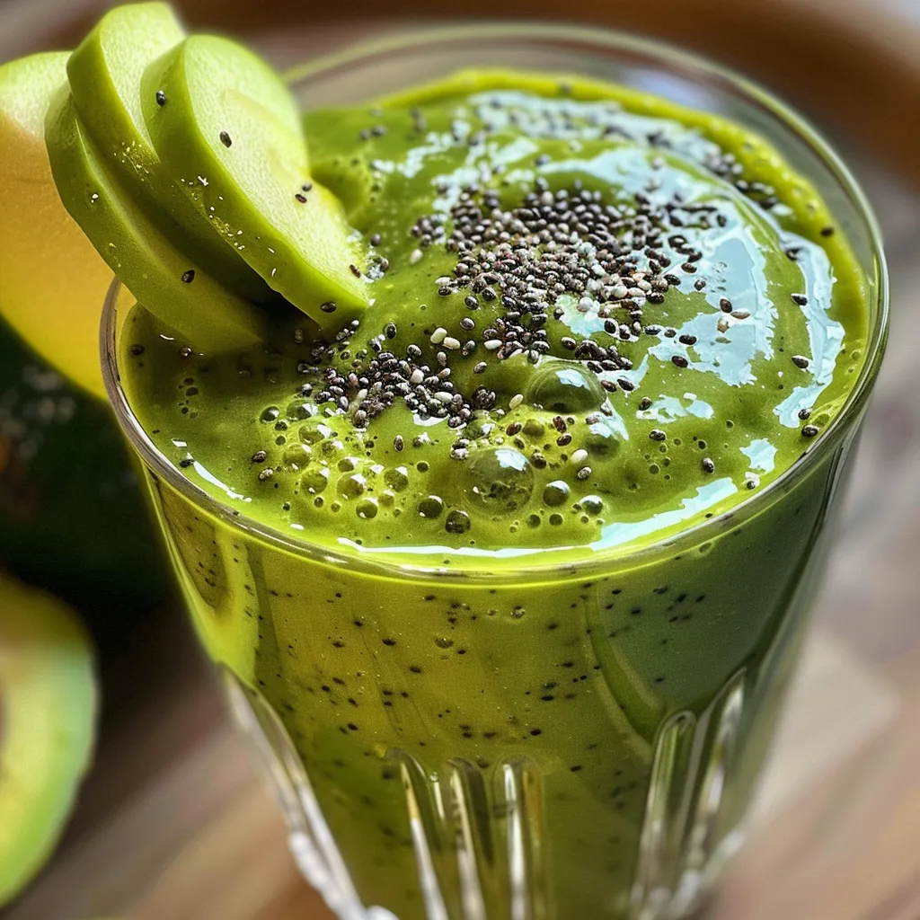 A refreshing avocado green apple smoothie in a glass, surrounded by ingredients.
