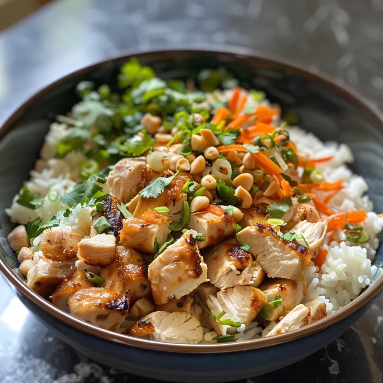 Close-up view of a coconut chicken rice bowl with vibrant colors and textures.