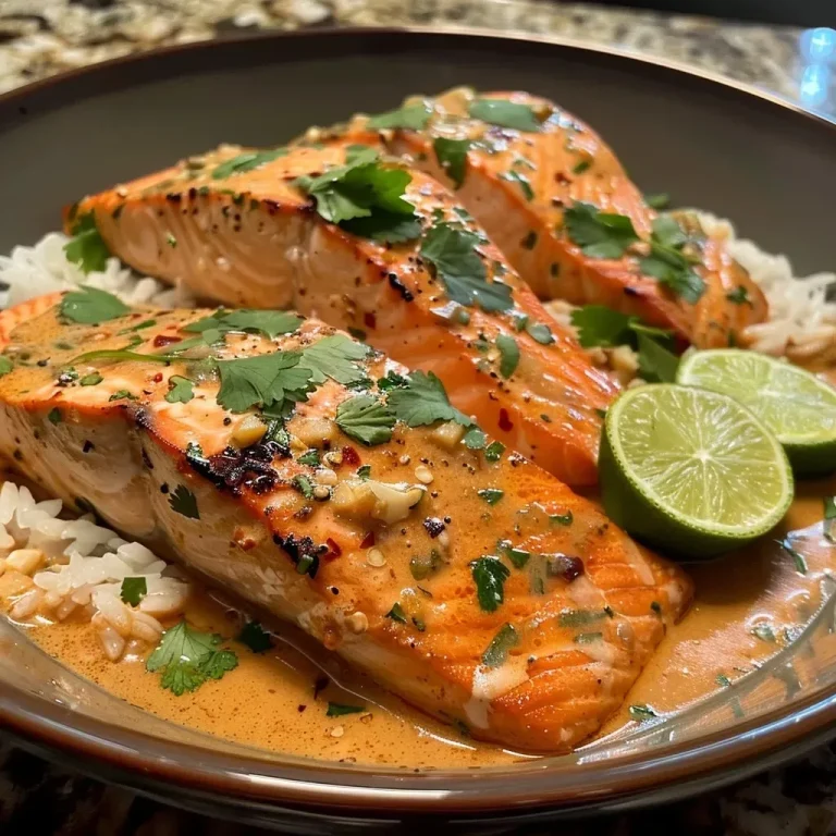 Close-up view of a vibrant Coconut Curry Salmon dish with herbs.