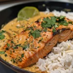 A close-up side view of a juicy coconut curry salmon dish served with jasmine rice.