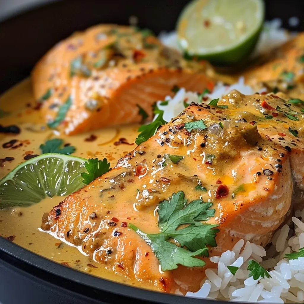 Juicy salmon fillets cooked in rich coconut curry sauce.
