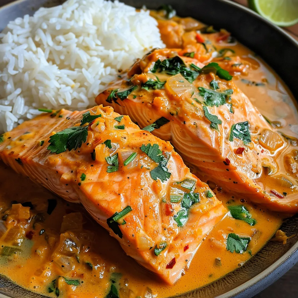 Salmon fillets in a rich coconut curry sauce, accompanied by fluffy jasmine rice.