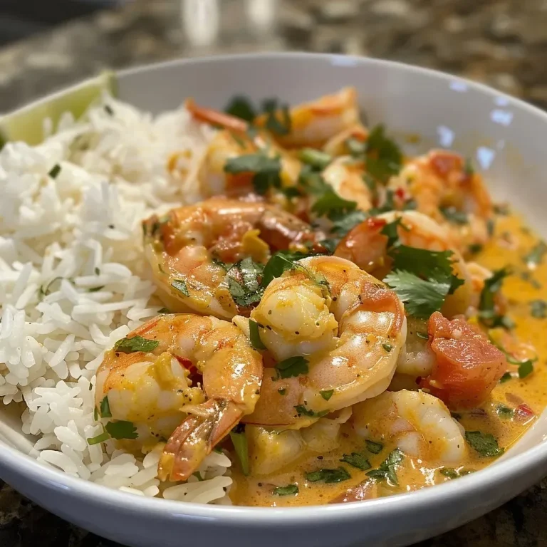 Dive into Deliciousness: Easy Coconut Curry Shrimp That Will Wow Your Taste Buds! Close-up side view of a vibrant Coconut Curry Shrimp dish in a bowl.
