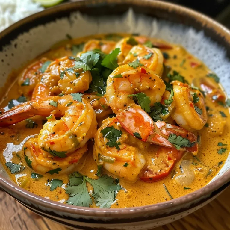 Close-up of a plate featuring juicy coconut curry shrimp in a rich sauce.