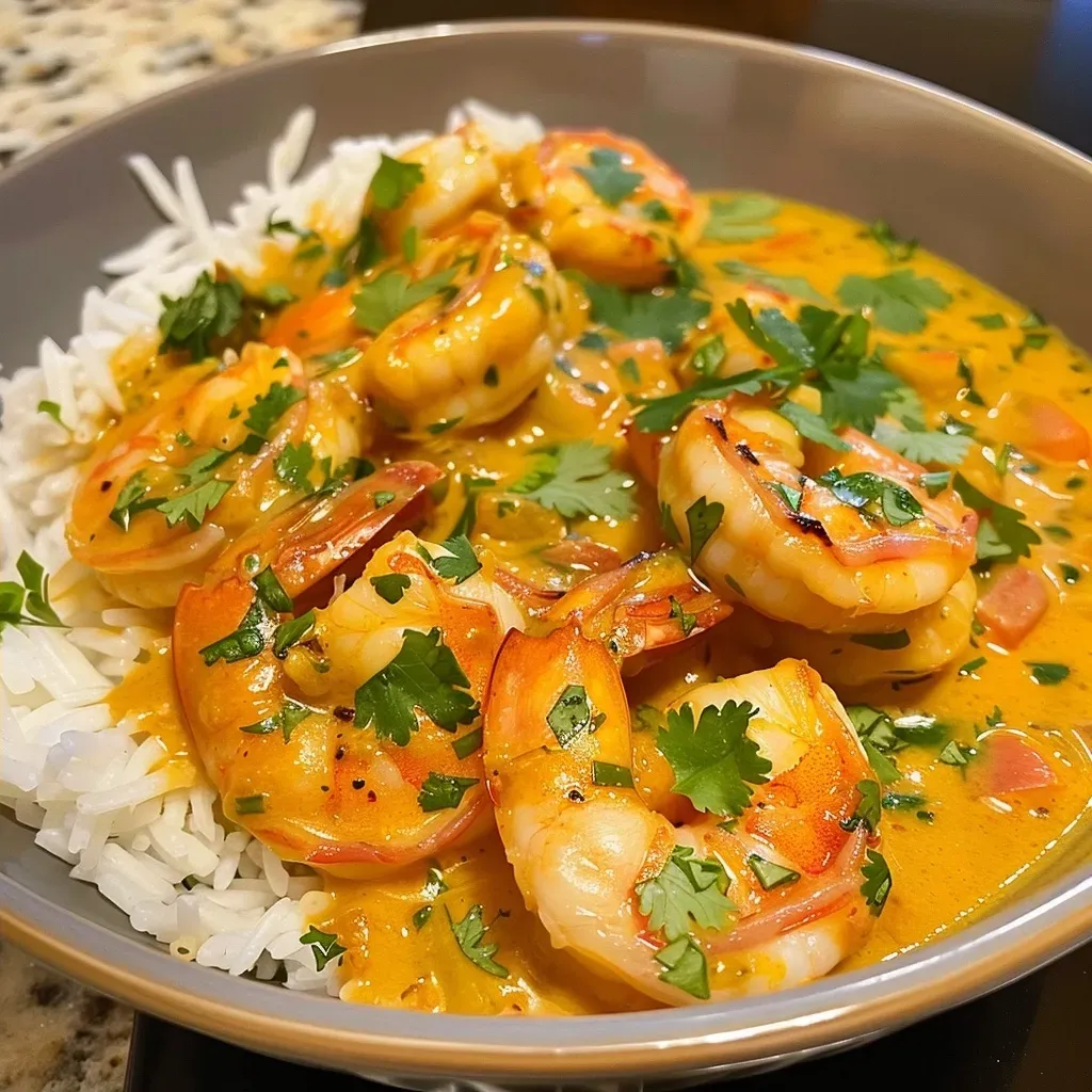 A juicy serving of Coconut Curry Shrimp with colorful spices and garnishes.