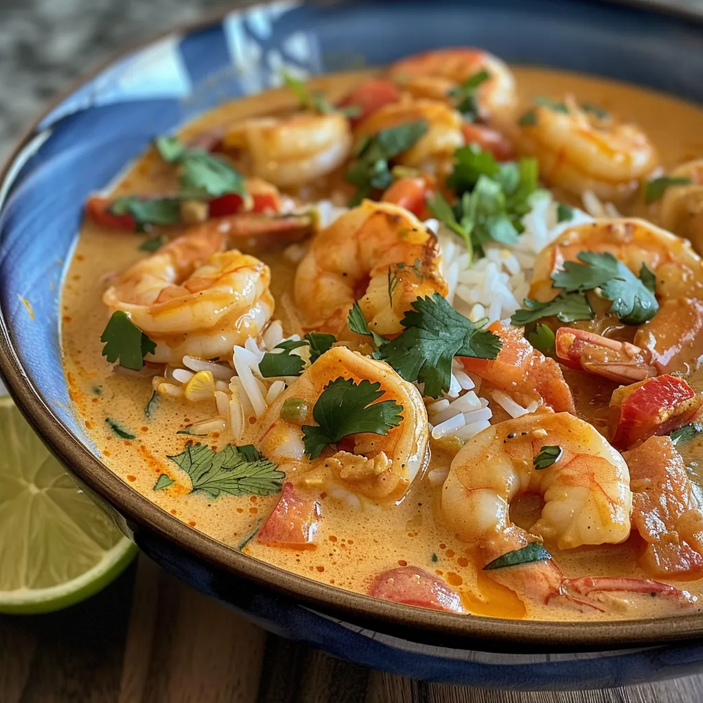 Side view of colorful coconut curry shrimp garnished with cilantro and lime.