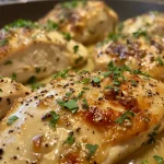 Juicy Cream Cheese Chicken on a white plate with garnishes.