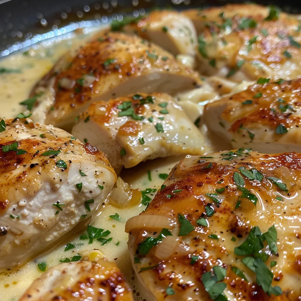 Close-up side view of Cream Cheese Chicken with melted cheese and herbs.