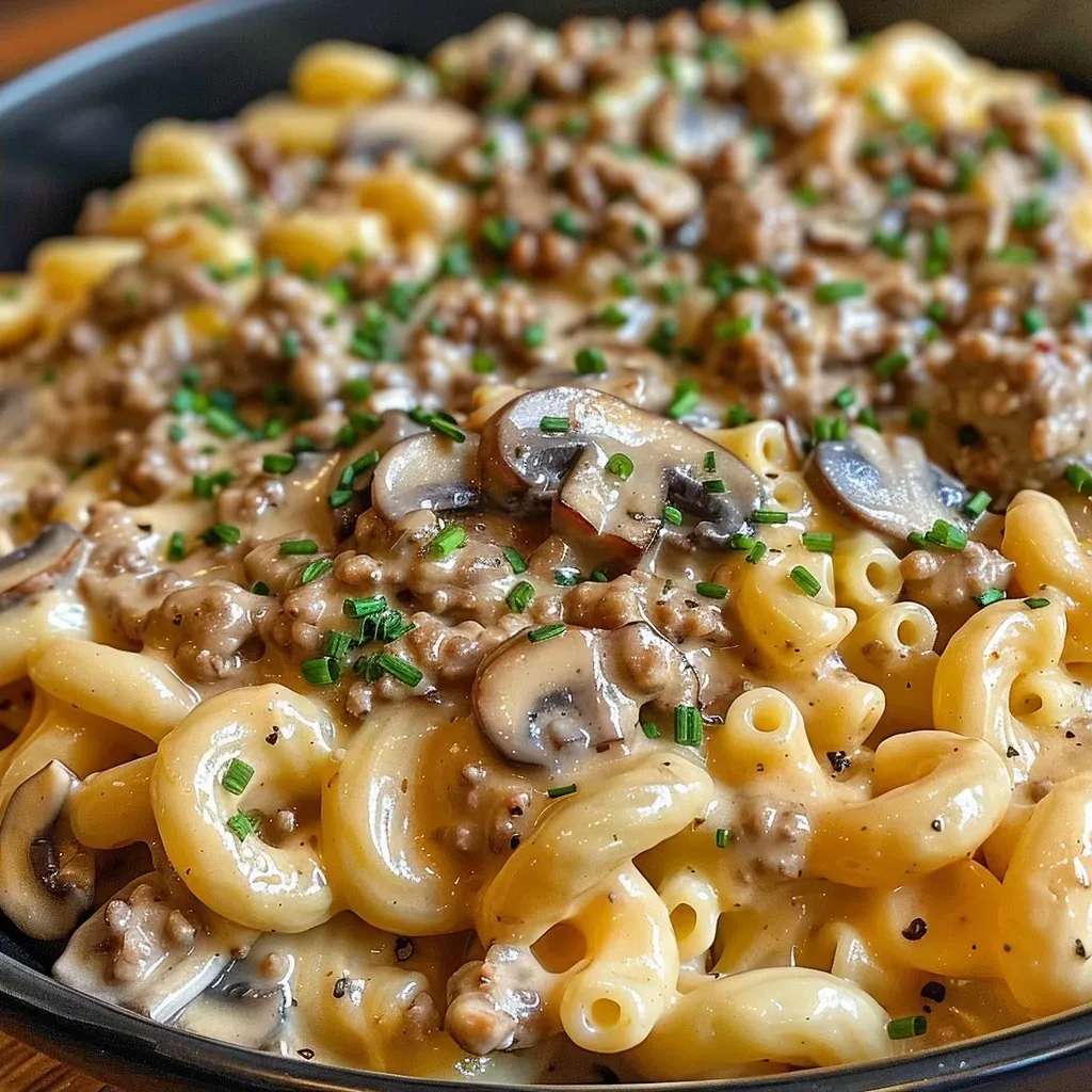 Side view of a delicious creamy macaroni dish with ground beef, mushrooms, and chives on top.