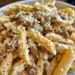 Close-up view of creamy beef pasta with penne, beef, and Parmesan cheese.