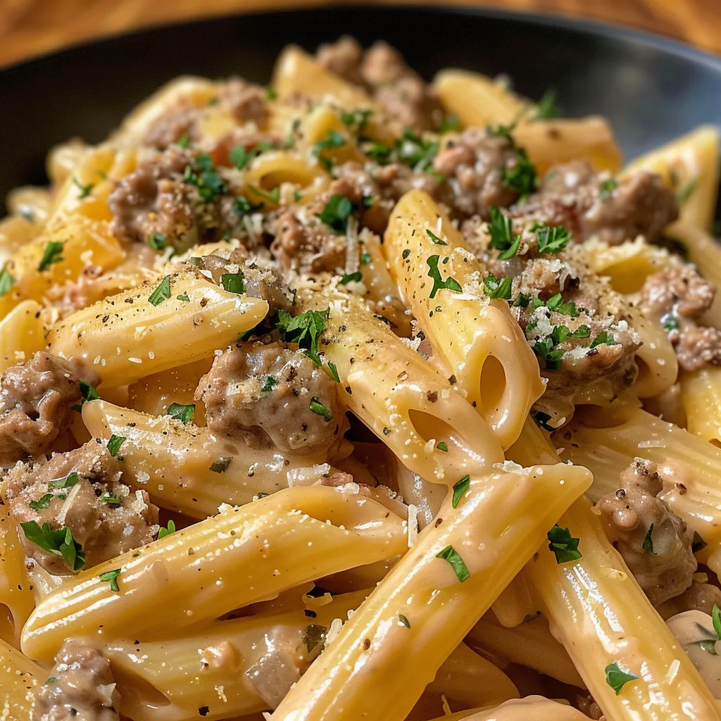 Side view of a bowl of creamy beef pasta, showcasing its rich texture and ingredients.