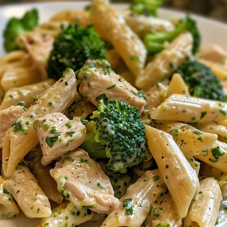 Indulge in Cozy Nights: Creamy Broccoli and Chicken Penne That Makes Weeknights Bright! A close-up view of creamy broccoli and chicken penne pasta in a white bowl, garnished with chopped parsley.