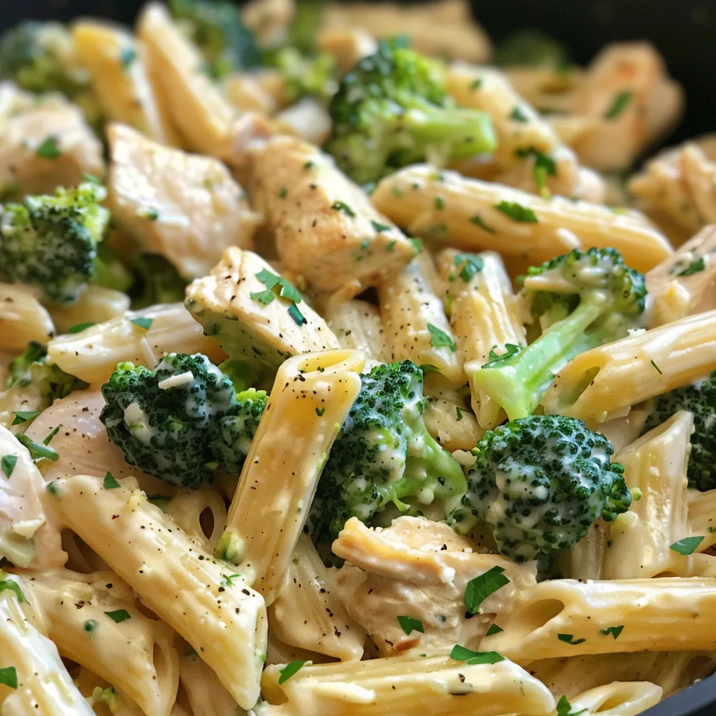 A side view of a delicious plate of penne pasta mixed with broccoli and juicy chicken, with a creamy sauce coating the dish.