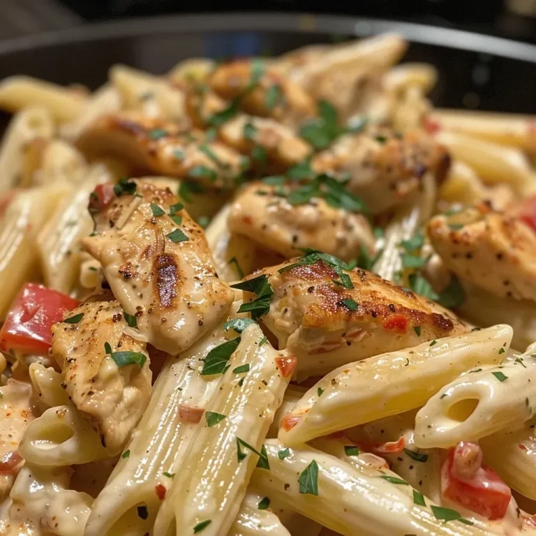 Savor the Flavor: Creamy Cajun Chicken Pasta That Dances on Your Taste Buds! Close-up view of creamy Cajun chicken pasta with colorful bell peppers and herbs.