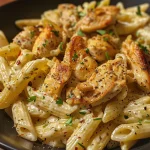 Close-up view of creamy Cajun chicken pasta garnished with fresh parsley.