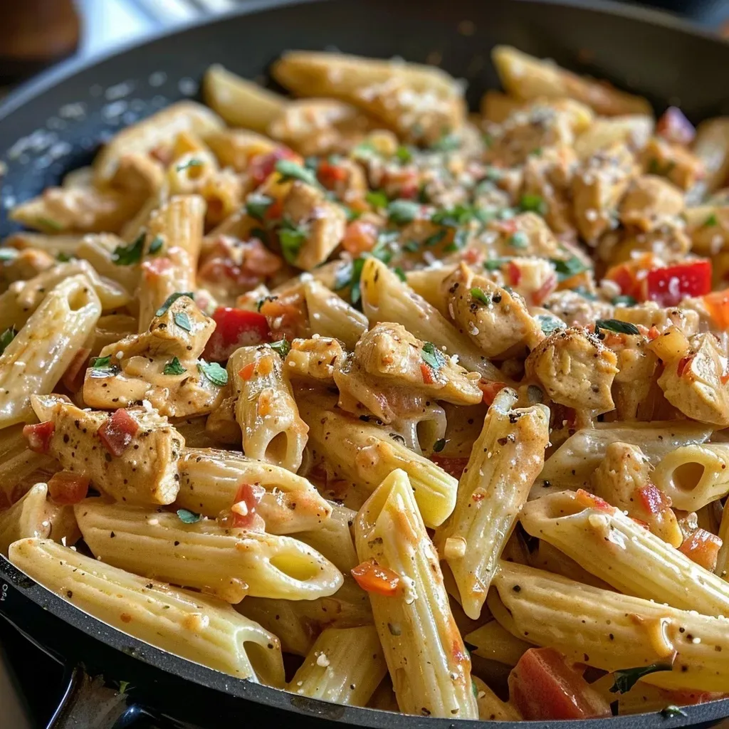 Juicy pieces of chicken in a rich creamy sauce mixed with penne pasta and spices.