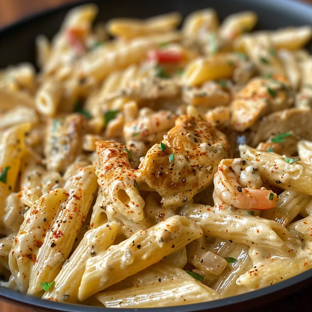 Side view of a bowl of creamy Cajun chicken pasta with red pepper flakes sprinkled on top.