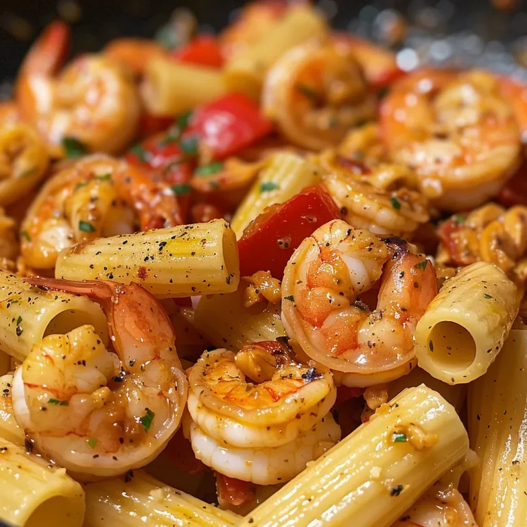 Spice Up Your Dinner: Irresistibly Creamy Cajun Shrimp Pasta! Close-up view of creamy Cajun shrimp pasta with colorful vegetables and herbs.