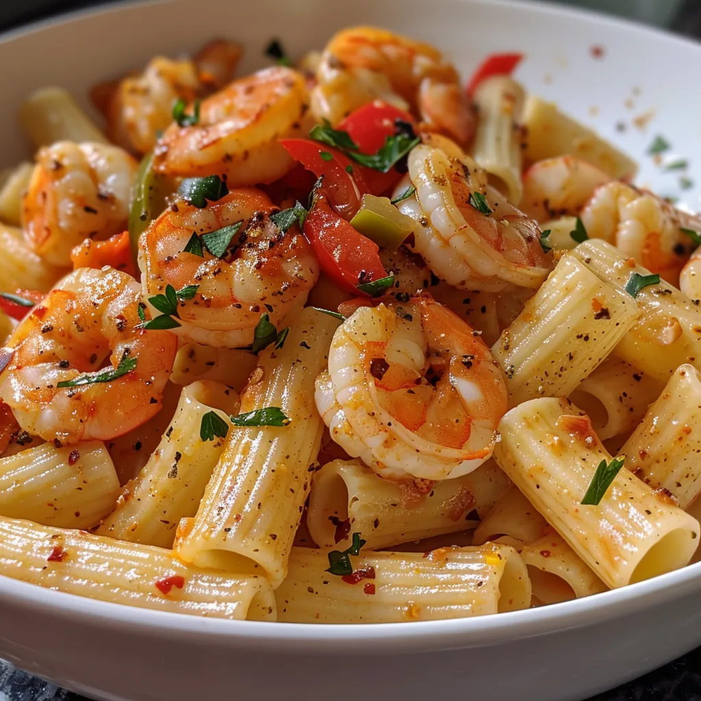 A plate of creamy Cajun shrimp pasta featuring large shrimp, bell peppers, and herbs.