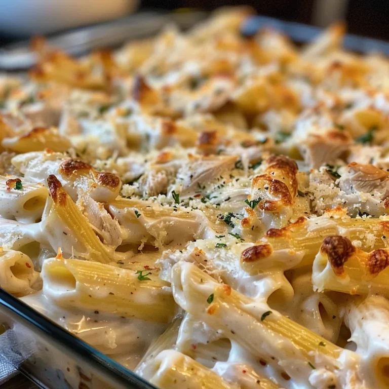 Indulgent Creamy Chicken Alfredo Pasta Bake: Comfort Food with a Twist! Close-up of a creamy chicken Alfredo pasta bake with melted cheese on top.