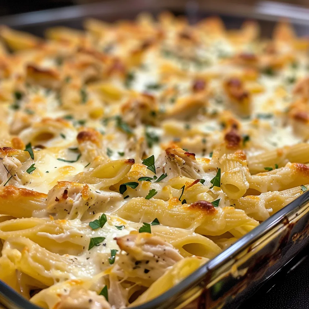 Delicious penne pasta bake with chicken and creamy sauce, garnished with parsley.