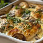 Close-up view of a creamy chicken bake with spinach and mushrooms.