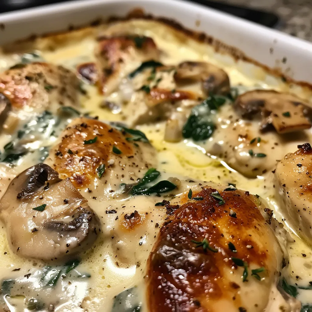 Juicy chicken breast bake topped with creamy sauce and herbs.