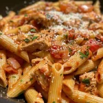 Juicy Creamy Chicken Penne Arrabbiata in a bowl, garnished with fresh basil.