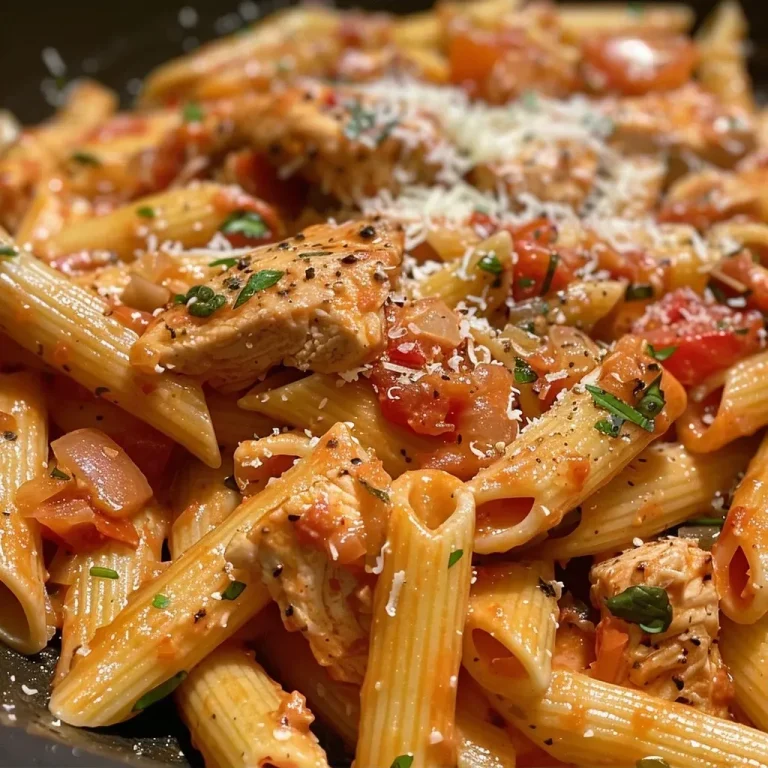 Juicy Creamy Chicken Penne Arrabbiata in a bowl, garnished with fresh basil.