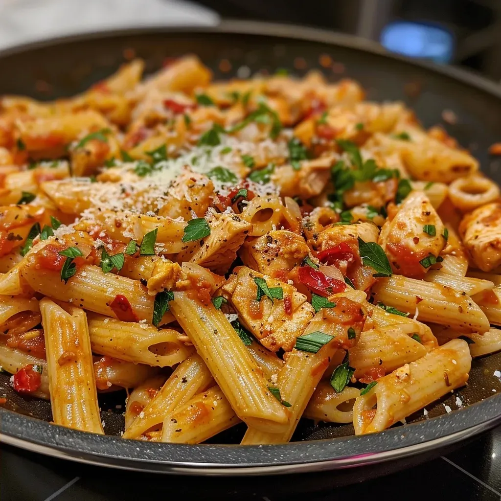 Close-up side view of creamy penne pasta dish with diced chicken and tomatoes.