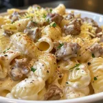 Close-up view of creamy garlic beef pasta with rigatoni and parsley.