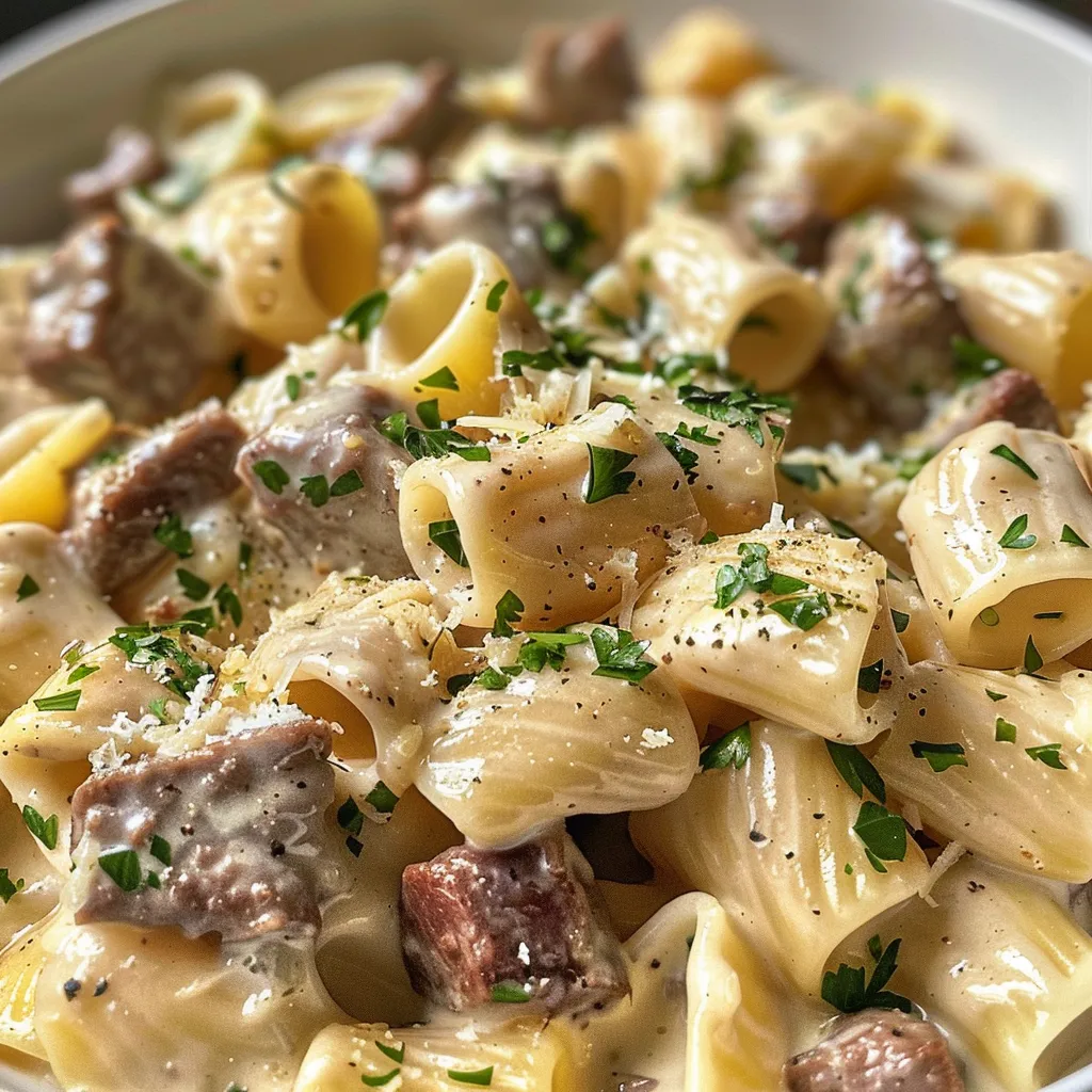 Juicy beef and pasta arranged in a creamy garlic sauce with a sprinkle of herbs.