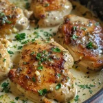 Close-up of a creamy garlic chicken skillet with juicy chicken breasts and a rich sauce.