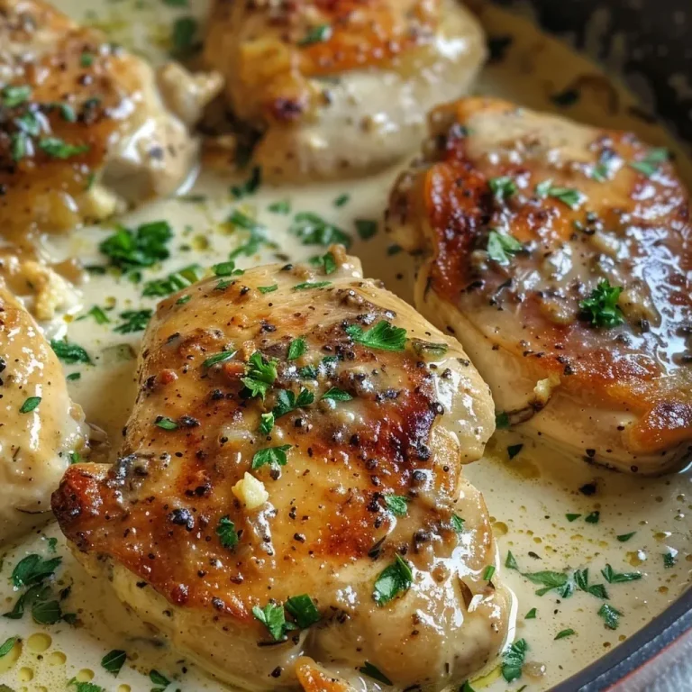 Indulge in a Dreamy Creamy Garlic Chicken Skillet That Will Wow Your Taste Buds Close-up of a creamy garlic chicken skillet with juicy chicken breasts and a rich sauce.