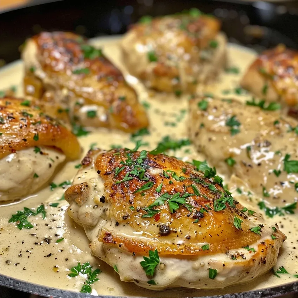 Side view of a skillet featuring chicken breasts in a creamy garlic sauce, garnished with parsley.