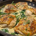 Close-up of creamy garlic chicken with spinach, showcasing juicy pieces of chicken and vibrant green spinach.