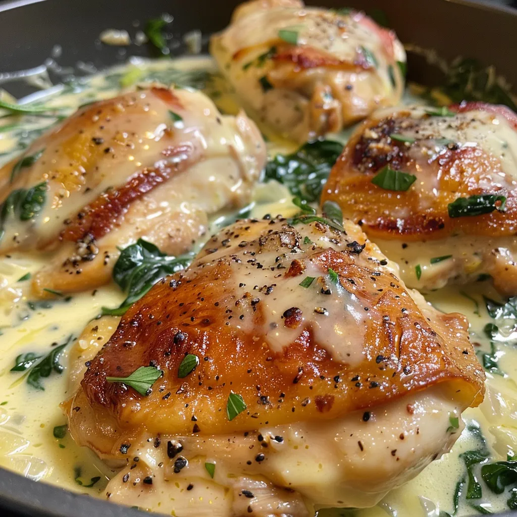 Side view of a plated creamy garlic chicken dish, featuring sauce and fresh spinach.