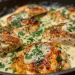 Close-up of creamy garlic parmesan chicken on a skillet, garnished with parsley.