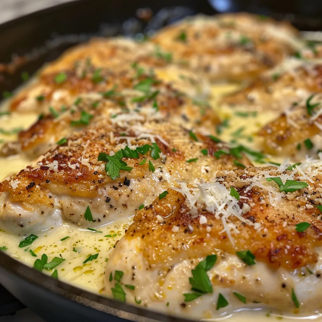 Juicy skillet chicken coated in a creamy garlic parmesan sauce, side view.