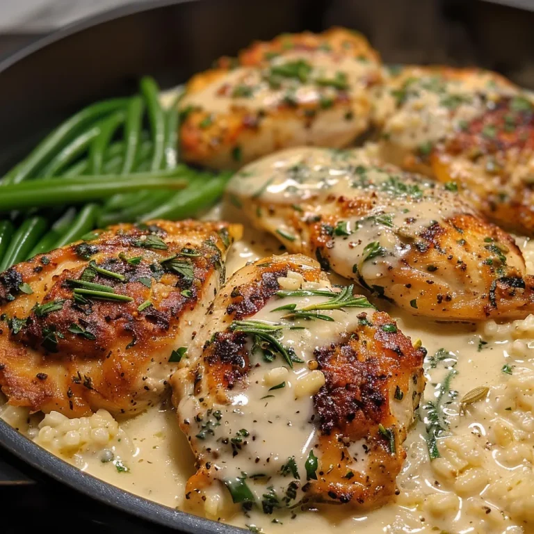 Close-up view of creamy herb chicken served with green beans and steamed rice.