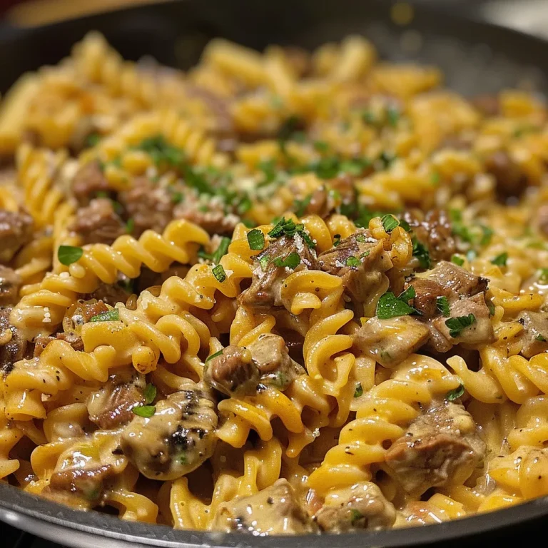 Close-up view of creamy high protein beef pasta with penne and melted cheese.