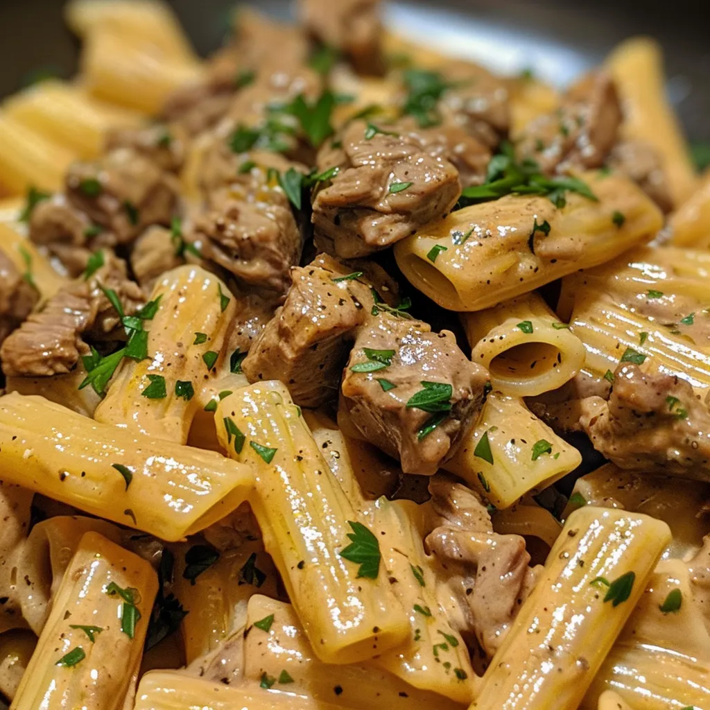Juicy beef pasta dish featuring lean ground beef and a creamy sauce, garnished with parsley.